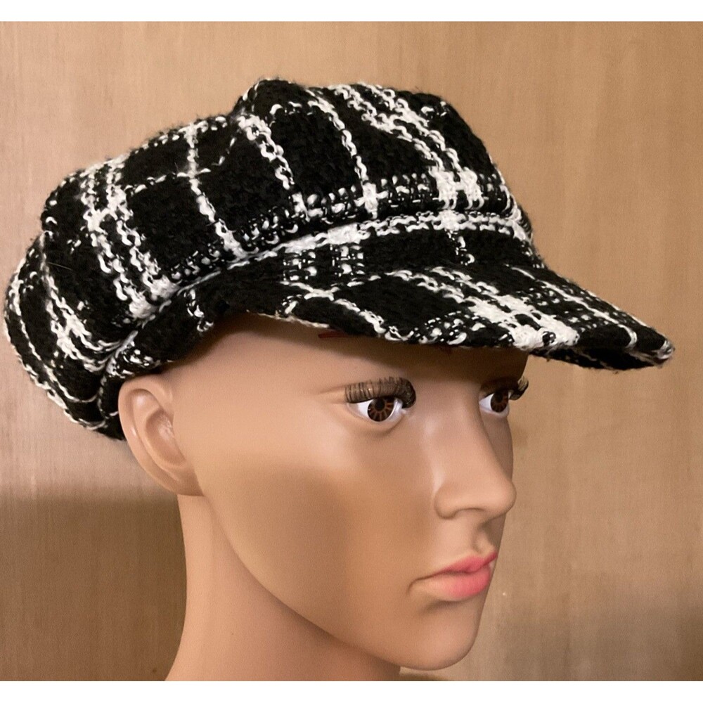 NWT Marcus Adler NY Newsboy Cap Tweed Plaid Black White Lined OS Fall/Winter